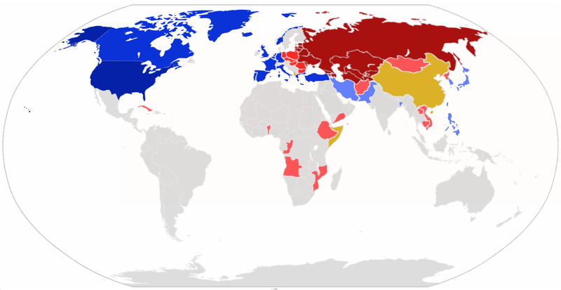 Cold War Alliances Dark red: Soviet Union, Red: Soviet satellite states, Bright red: other Soviet allies; Yellow: China and its allies Dark blue: U.S.A., Blue: NATO, Bright Blue:other U.S. allies