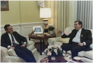 Lech Walesa (right) with President H.W. Bush (left) in 1989. Wikimedia Commons: U.S. National Archive