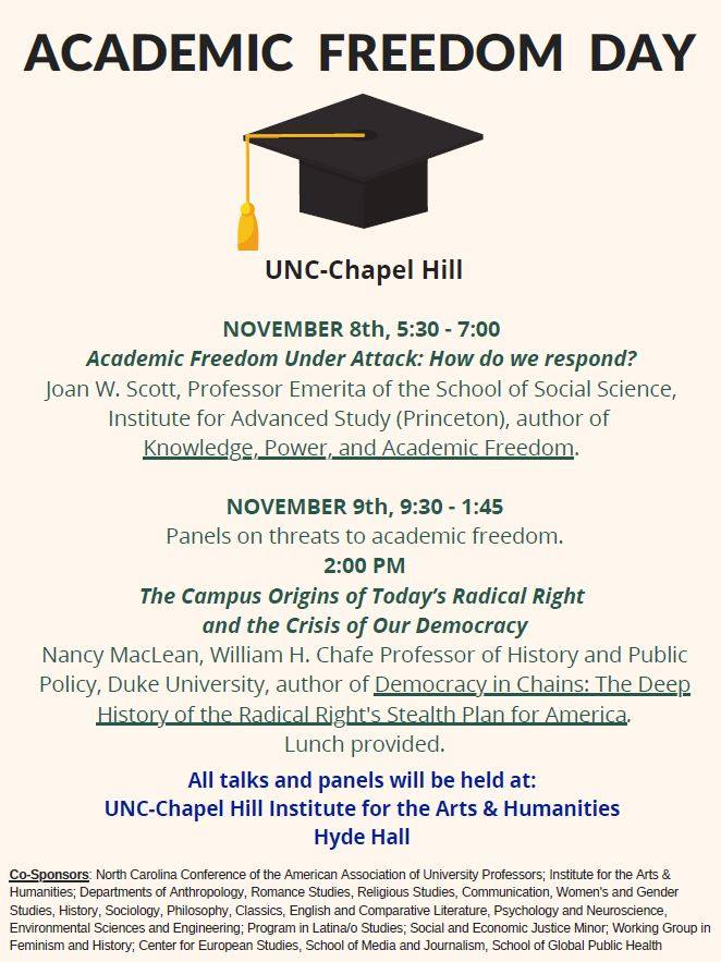 Flyer with graphic of mortar board, abbreviated schedule of Academic Freedom Day and list of co-sponsors