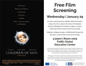 Flyer advertising Children of Men film screening on January 29 2020.