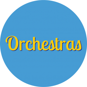 Decorative circle with text that says Orchestras.