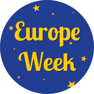 Blue circle decorated with yellow stars and text that says Europe Week.