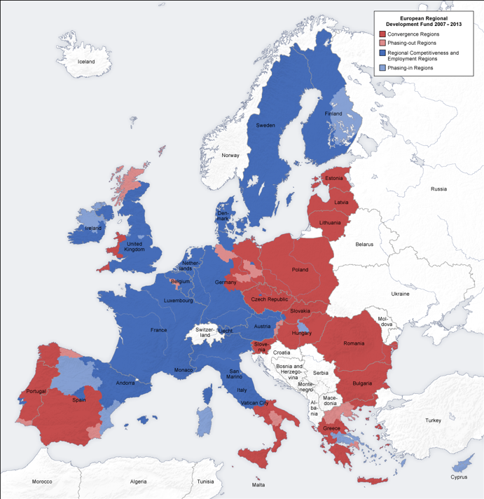 This map (from Wikipedia) shows which regions within EU member states are eligible or will be eligible for Regional Development Funds from the EU. The blue-shaded regions are considered wealthier, and the red-shaded regions are receiving funding.