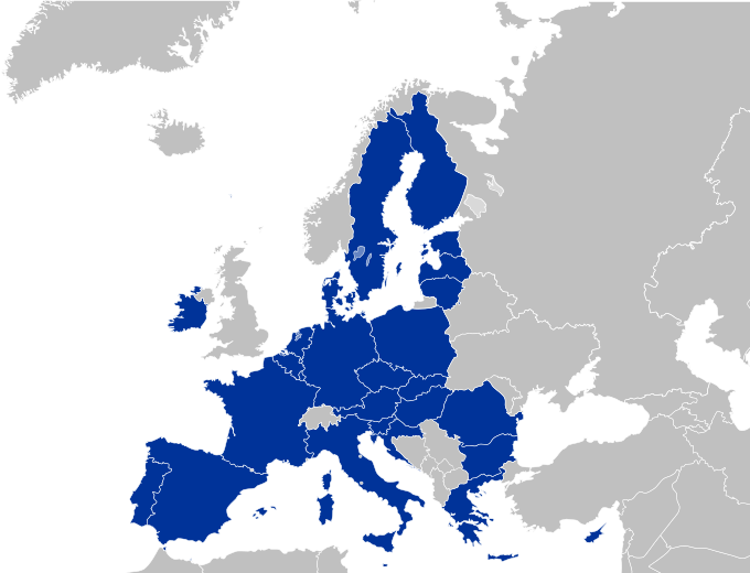 A map of the current members of the European Union.