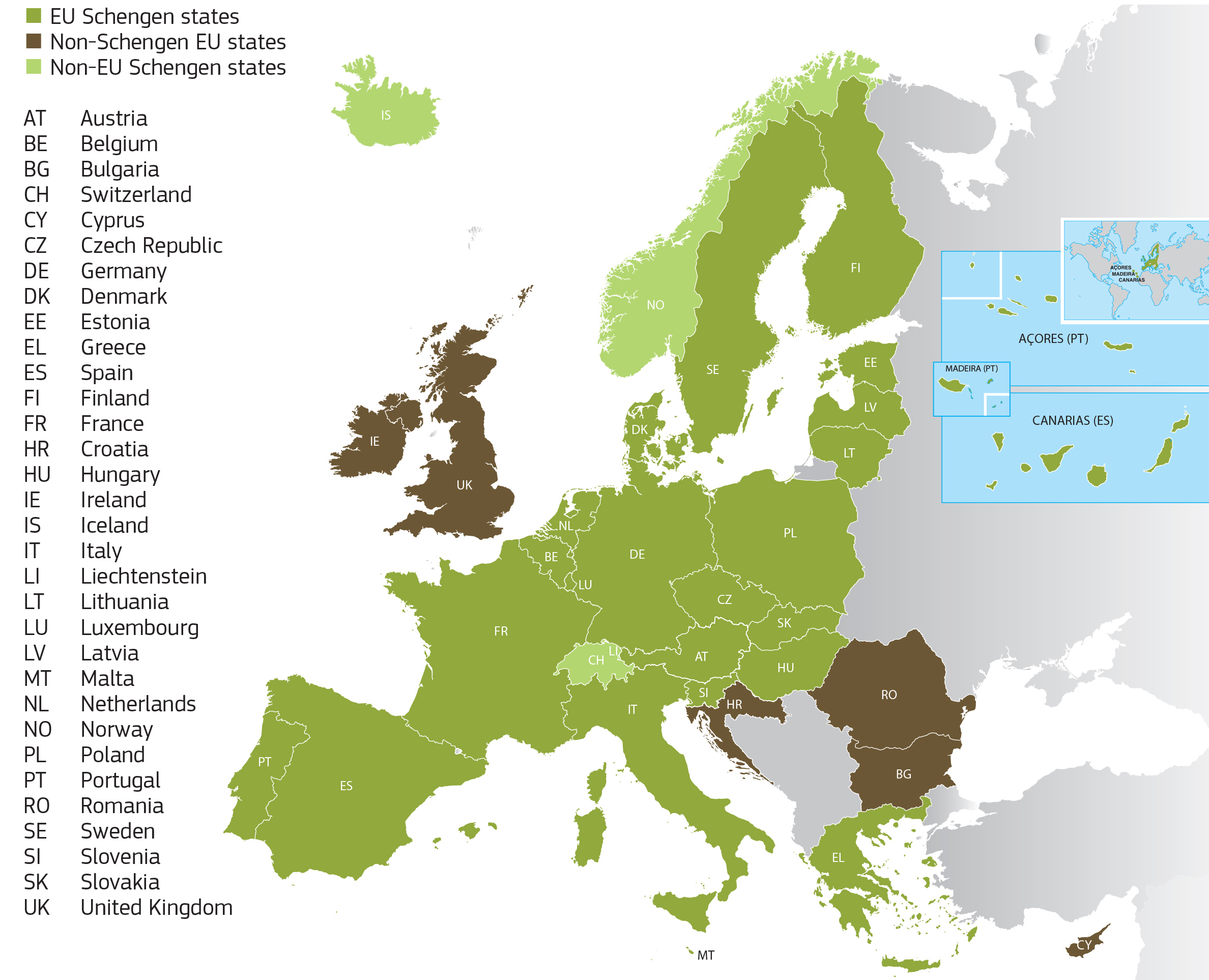 This map shows the countries both in the EU and Schengen in dark green. Countries in lighter green are not in the EU but in the Schengen Agreement.